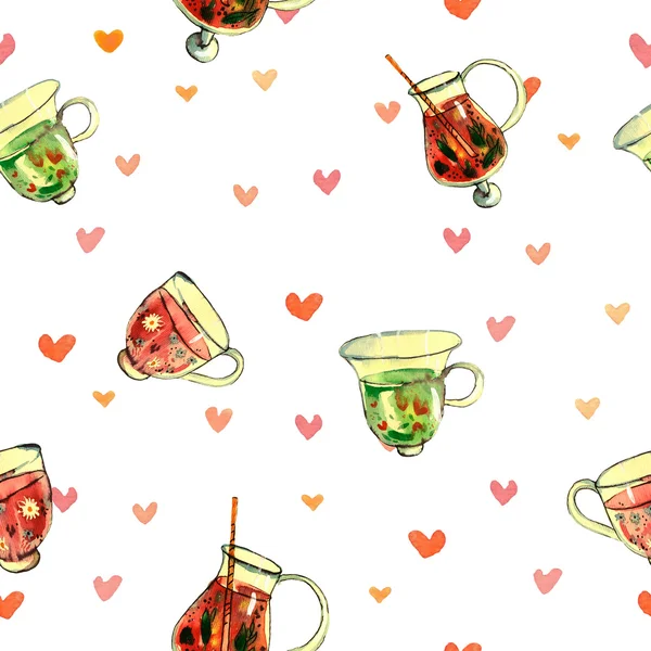 Watercolor cup of tea pattern — Stock Photo, Image