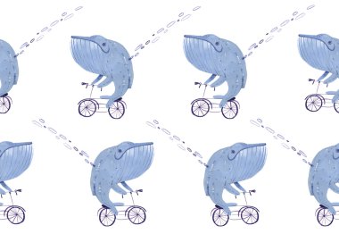 watercolor whale on a bicycle., pattern illustration clipart