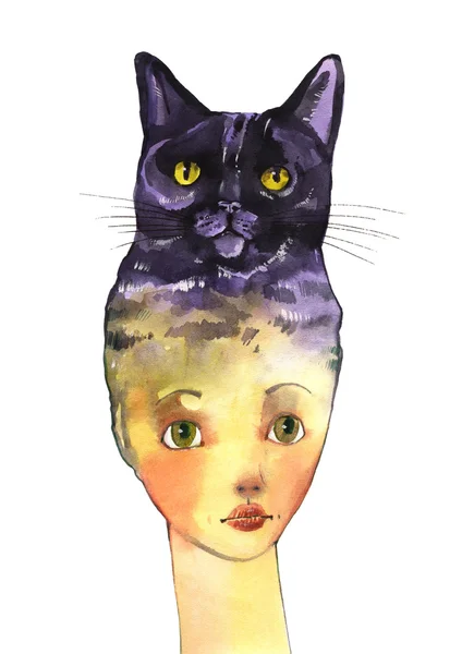 Aquarela mulher, gato, abstrato — Fotografia de Stock