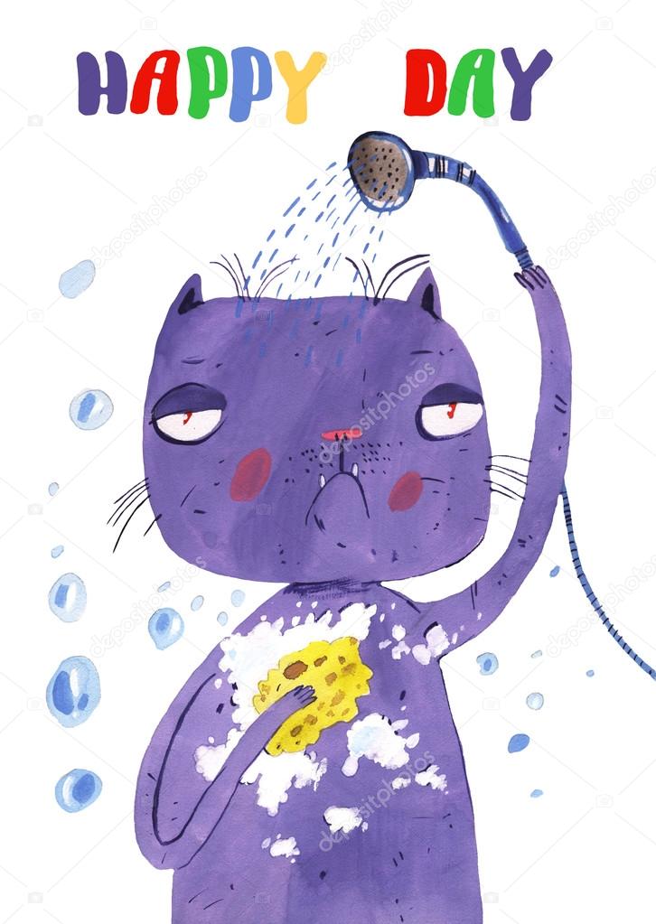 Watercolor cartoon cat washes hand drawn isolated on white background