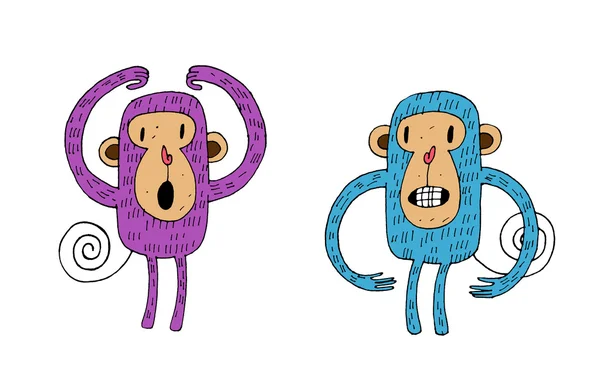 Pintados à mão dos desenhos animados macacos roxo azul — Fotografia de Stock