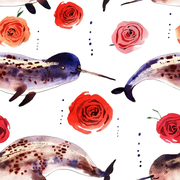 Suluboya boynuzlu balina illüstrasyon