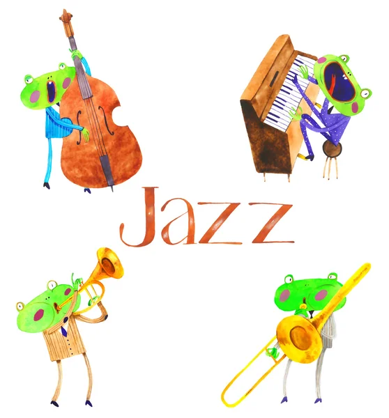 Akvarell groda jazzband — Stockfoto