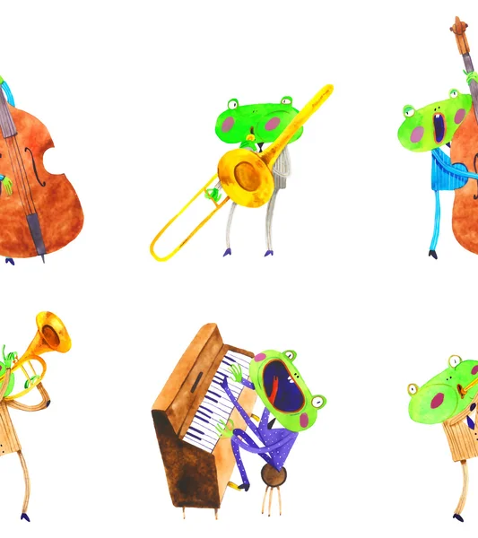 Jazzová kapela akvarel žába — Stock fotografie