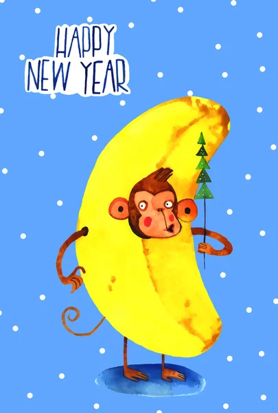 Mono acuarela, año nuevo — Foto de Stock
