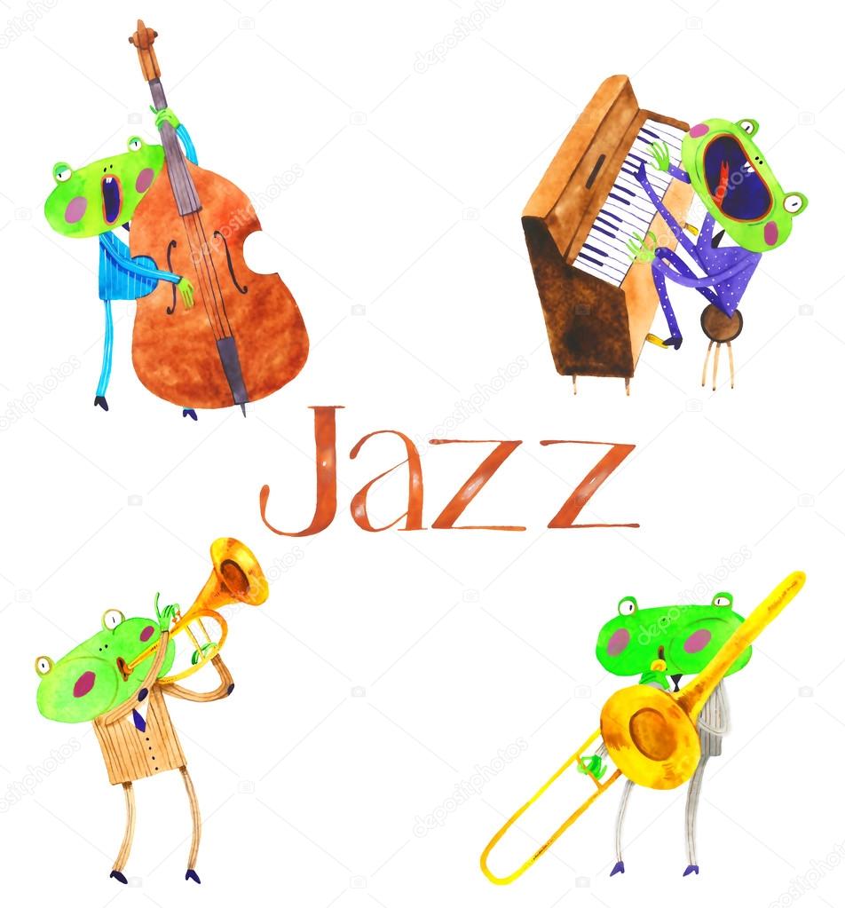 Watercolor frog jazz band , cartoon illustration isolated on white background