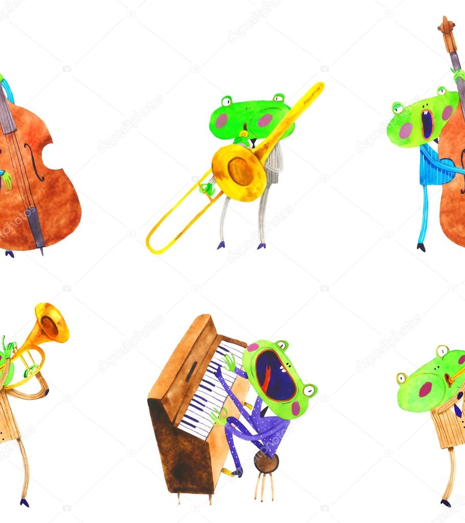 Watercolor frog jazz band seamless pattern , cartoon illustration isolated on white background