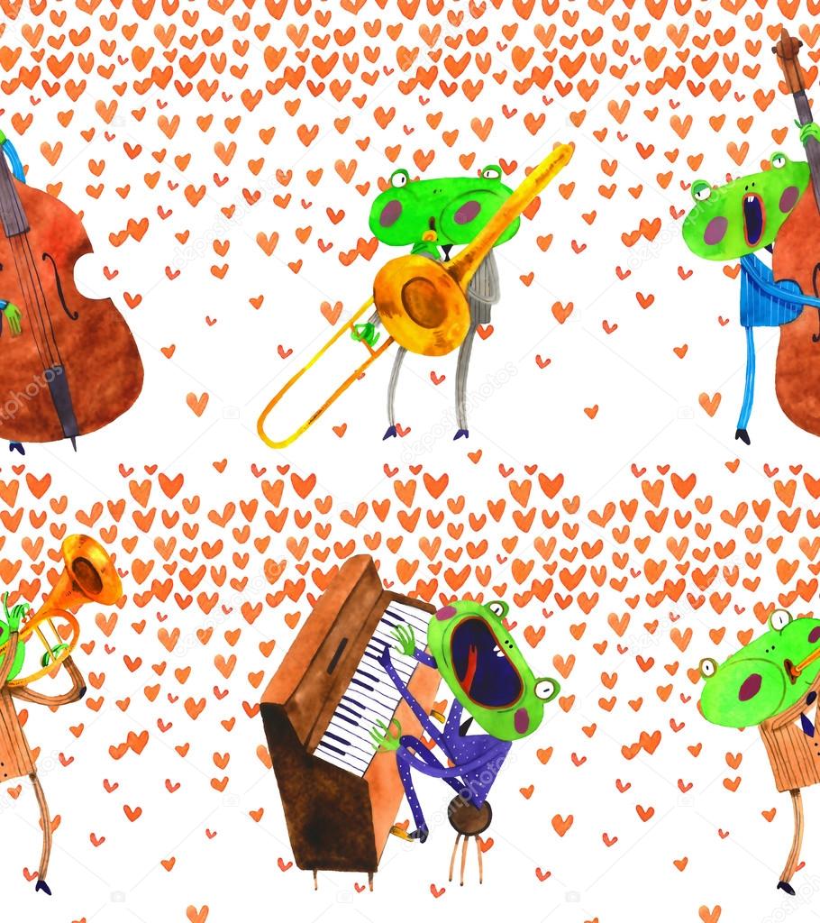 Watercolor frog jazz band seamless pattern , cartoon illustration isolated on white background