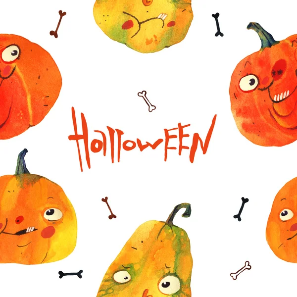 Ilustração aquarela, halloween desenho animado abóbora padrão — Fotografia de Stock