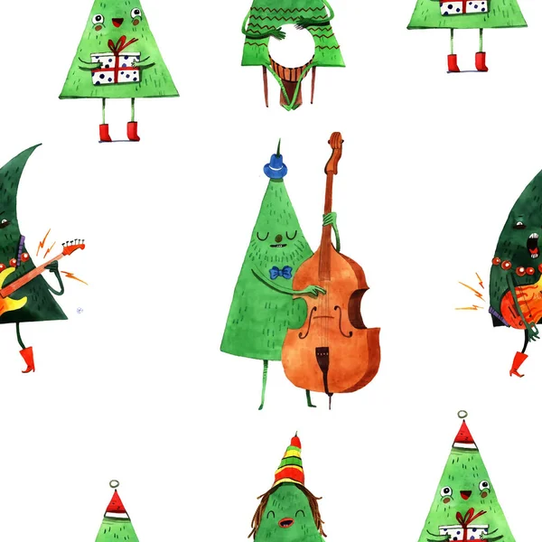 Bezešvé Vzor Ilustrace Která Obsahuje Vánoční Zrůdy Hudebními Nástroji Izolované — Stock fotografie