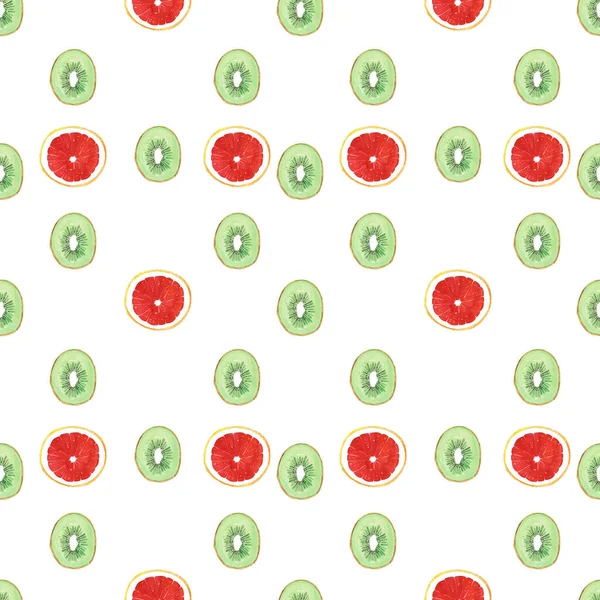 Seamless Pattern Illustration Green Kiwifruit Red Grapefruit Isolated White Background — Stock Photo, Image