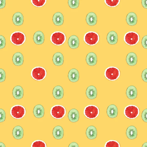 Nahtlose Musterillustration Mit Grünen Kiwis Und Roten Grapefruits Auf Orangefarbenem — Stockfoto