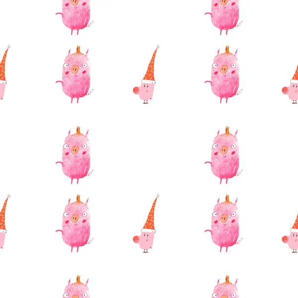 Seamless Pattern Illustrations Two Pink Pigs Christmas Hats Isolated White Stock Image