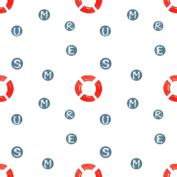Seamless Pattern Illustratiom Summer Letters Blue Circles Red Lifebuoy Isolated Stock Photo