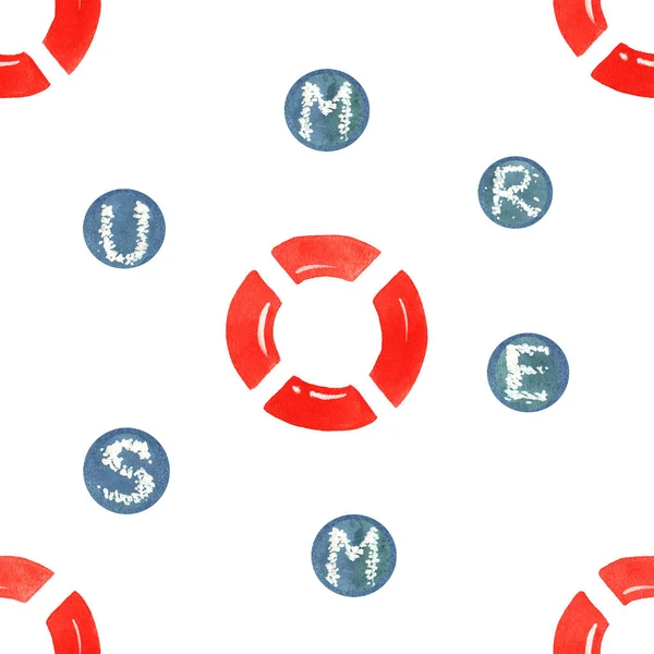 Seamless Pattern Illustratiom Summer Letters Blue Circles Red Lifebuoy Isolated Stock Image