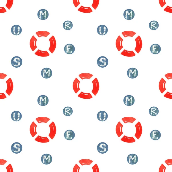 Seamless Pattern Illustratiom Summer Letters Blue Circles Red Lifebuoy Isolated Royalty Free Stock Photos