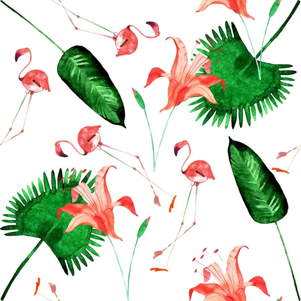 Akvarell Pálma Levelek Virágok Flamingó Fehér Háttér Stock Kép
