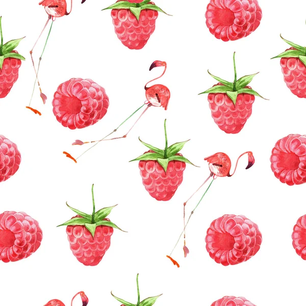 Watercolor Raspberries Pink Flamingos Seamless Pattern Ilustration White Background Royalty Free Stock Images