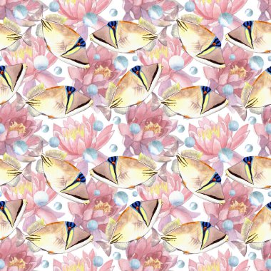 Beyaz arkaplanda izole edilmiş balık ve çiçek desensiz desen çizimi