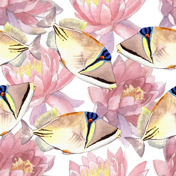 Fish Flowers Seamless Pattern Illustration Isolated White Background Stock Picture