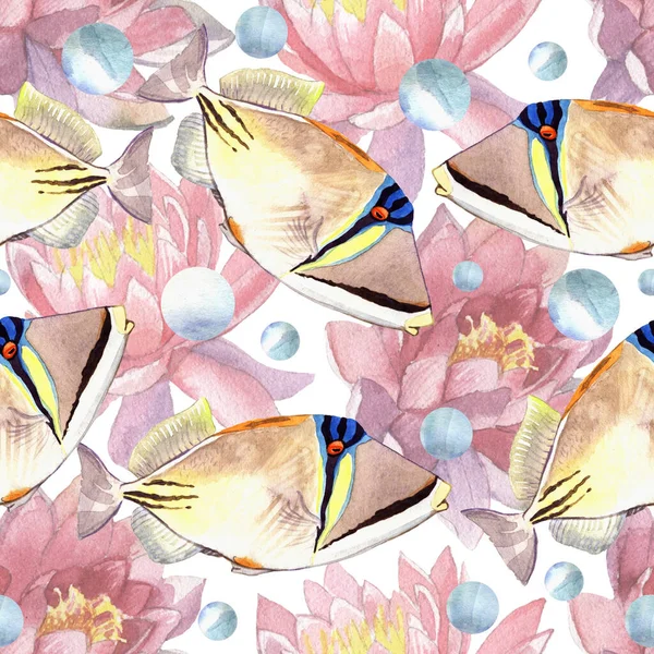 Fish Flowers Seamless Pattern Illustration Isolated White Background Royalty Free Stock Images