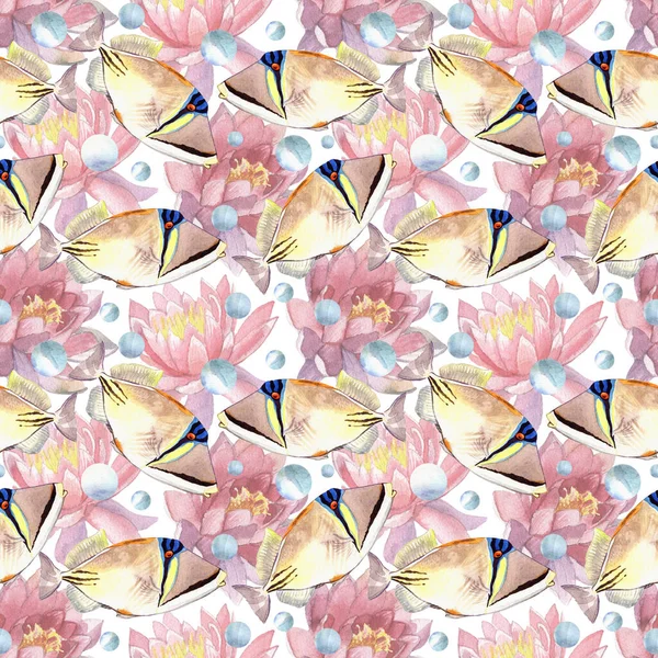 Fish Flowers Seamless Pattern Illustration Isolated White Background Stock Image
