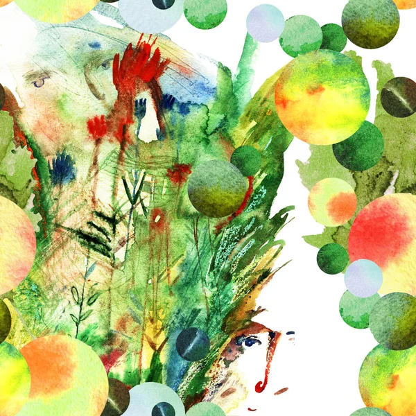 Akvarell Növények Arcok Zökkenőmentes Minta Illusztráció Stock Kép