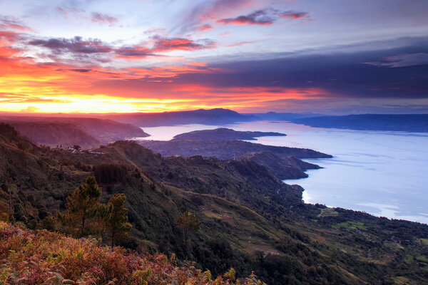 sunset lake Toba, north Sumatra Indonesia