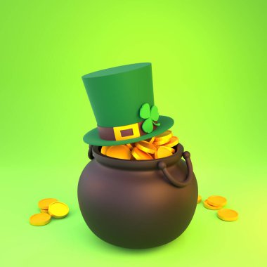Aziz Patrick Günü 'nü üç boyutlu olarak canlandırın. Bir küp altın, bir şapka ve bir yonca..