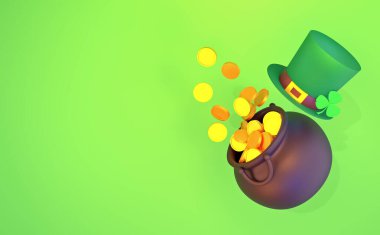 Aziz Patrick Günü 'nü üç boyutlu olarak canlandırın. Bir küp altın, bir şapka ve bir yonca..