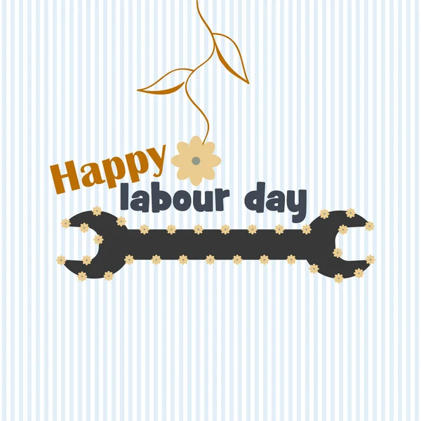 Design card, wrench image, flowers, text, happy Labour day — Stock Vector