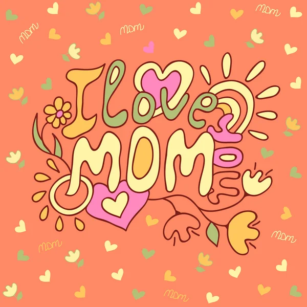 Doodle, оранжевый фон, текст I love you mom, the sun drawing, card for the Праздник — стоковый вектор