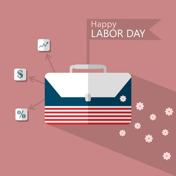 Vektör kartı İşçi Bayramı ABD, düz, evrak çantası, Amerikan bayrağı — Stok Vektör