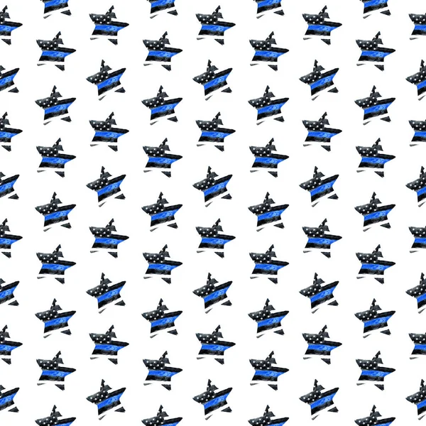 Seamless pattern with Police flag. Watercolor background with stars, American flag.