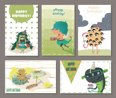 Karikatür canavarlar, hediyeler, kek ve tatlılar ile dekore güzel doğum günü kartları ayarlayın. Eğlenceli ve sevimli yatay ve dikey kompozisyon, çizik, tür, parlak vektör illüstrasyon.