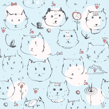 Mürekkep kedi yüzleri ile yapılan dikişsiz doku, serbest çizilmiş