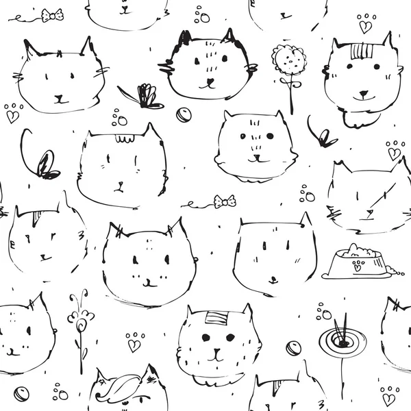 Textura sin costuras hecha con caras de gatos de tinta, dibujada a mano alzada — Vector de stock