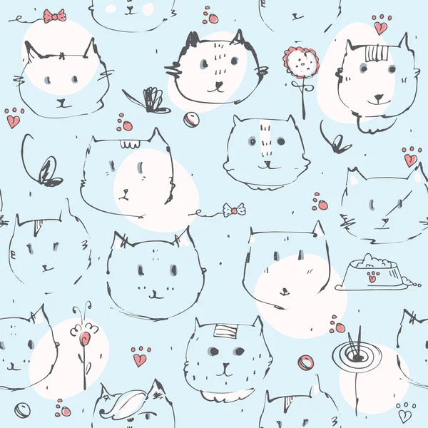 Texture sans couture faite avec des visages de chats à l'encre, dessinée à main levée — Image vectorielle