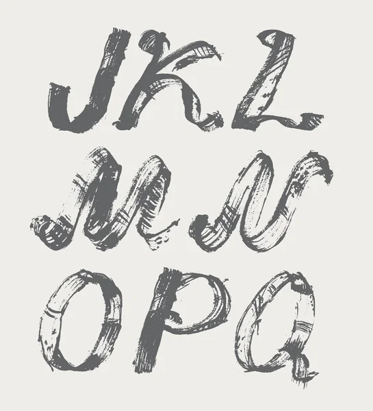 Alfabeto de tinta J para Q, à mão livre, elegante, em raster. Ilustração feita com corante preto, isolado em branco, preto, decorado. Caso superior . — Vetor de Stock