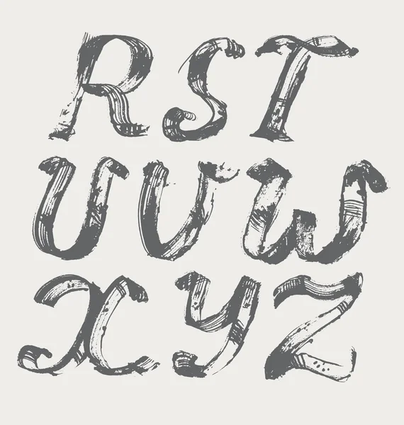 Alfabeto de tinta R a Z, à mão livre, elegante, em raster. Ilustração feita com corante preto, isolado em branco, preto, decorado. Caso superior . —  Vetores de Stock