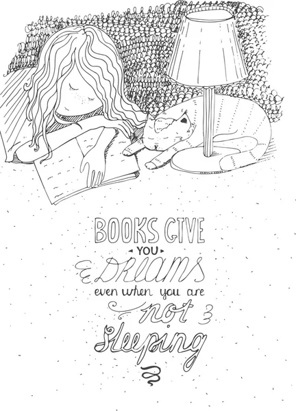 Ragazza e gatto che dormono sul libro. Illustrazione disegnata a mano vettoriale, realizzata con inchiostro nero, carta bianca. Isolato su bianco, con semplice citazione motivante lettering educativo, perfetto per una libreria, biblioteca — Vettoriale Stock