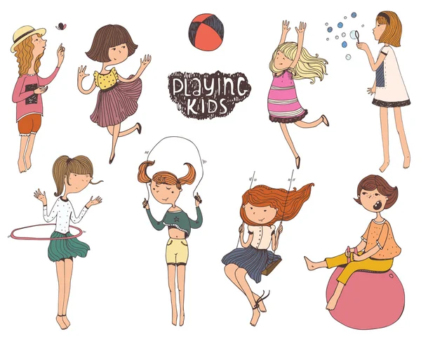 Set of fun and kind kids illustrations. Girls playing outdoors, smiling, jumping on playground, playing with hula hup, fitball, scipping rope, ball. Vector isolated on white background picture. — Stock Vector