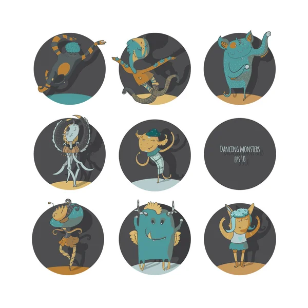 Set of cute dancing monsters, vector color illustration, each creature in a circle, isolated on background, fun, with moving hands, legs. Icons perfect for ballet school or studio, dance studio. — Stock Vector