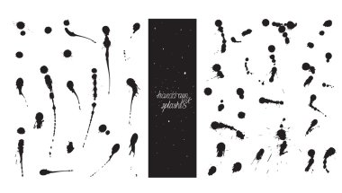 Fırça ve nib damla lekeleri seti, el ve mürekkep, freehand, sıçramaları ve yaymalar çok ile yapılan. Vektör siyah beyaz illüstrasyon, yaratıcı tasarımlar için iyi, kusurları ile çizilmiş