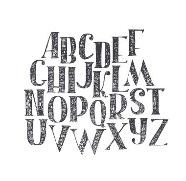 İngilizce el çekilmiş abc bir uç ve serif ile z. büyük yazı tipi için kapağı alfabesi, freehand boyalı dekore edilmiştir. Arka plan vektör illüstrasyon izole. Klasik taranmış tarzda yapılan mektup