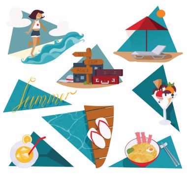 Isolated on white vector illustration with set of summer vacation images. Happy girl and sea, ice cream, cocktail, cool noodle, flop flops and pointer with bags and suitcases, sunbed and umbrella, fun