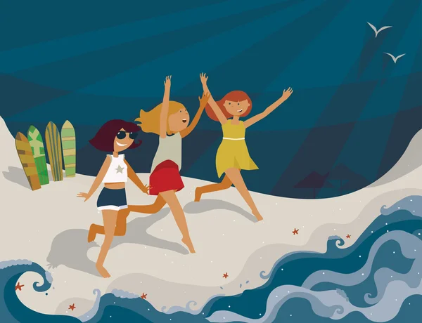 Horizontal bright illustration with young girls going to the sea. Vector image, with surf boards, sea, fun and happy girls. Blue sun, shadows and starfish on sand. Girls running with hands up, smiling — Διανυσματικό Αρχείο