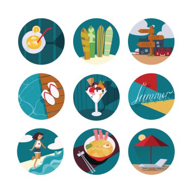 Isolated on white vector illustration with set of summer vacation icons in circles. Happy girl and sea, ice cream, cocktail, cool noodle, flop flops and pointer with bags, sunbed and umbrella