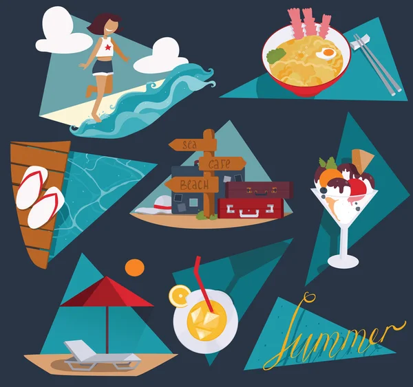 与一组暑假图像隔离在深蓝色矢量插图上。快乐的女孩和海，冰淇淋，鸡尾酒，凉面，翻牌和指针与袋子和手提箱，日光浴床和雨伞 — 图库矢量图片