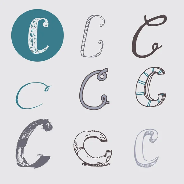 Original letters C set, isolated on light gray background. Alphabet symbols, editable, hand drawn, creative, in different variations, Italic, 3d, freehand, drawn with brush and nib vector Illustration — Stockvector